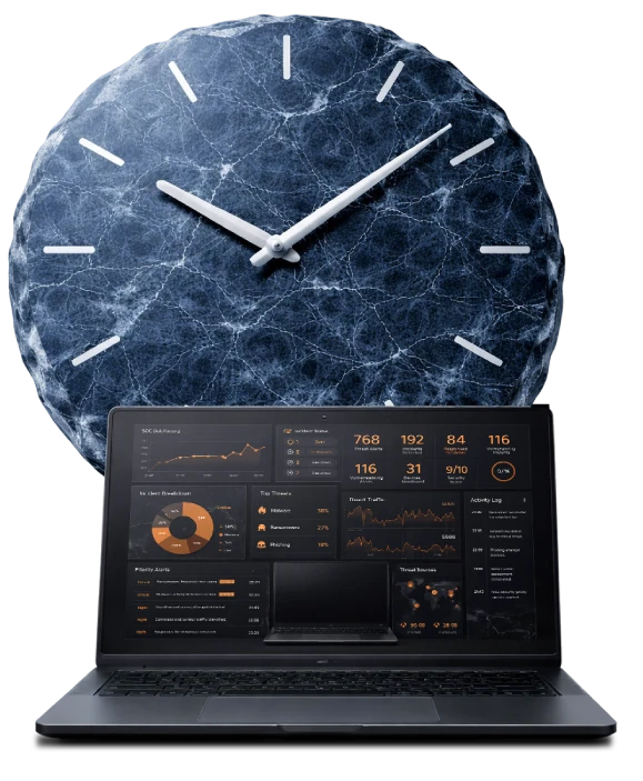 Laptopon megjelenő SOC dashboard óra alakú kőmintás háttér előtt, a DORA megfelelés időbeli nyomását szimbolizálva